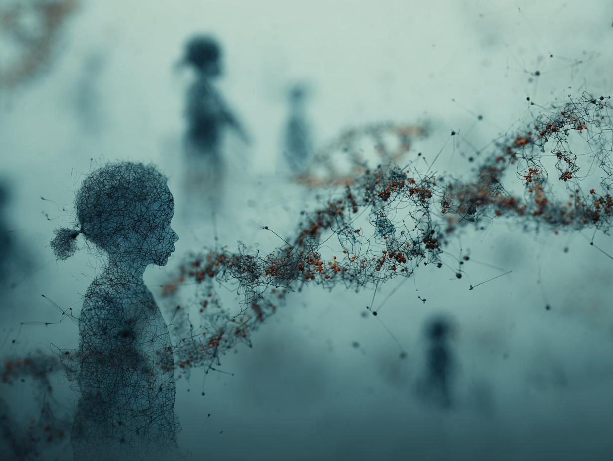 Stylized DNA strand floating on a blue background. Transparent profiles of children depicting patients with telomerase rare diseases