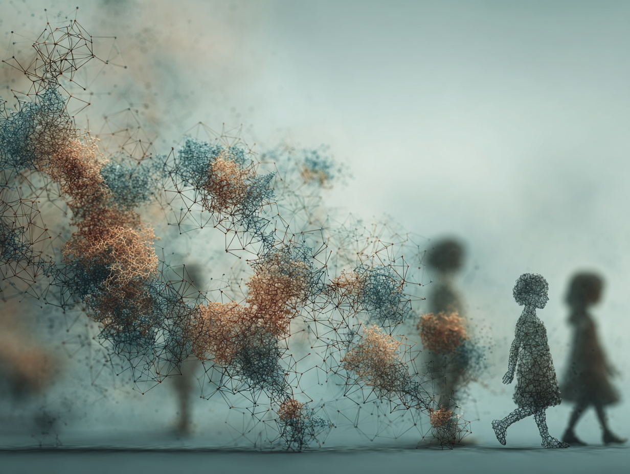 DNA base pair floating on a blue background. Transparent profiles of children depicting patients with telomerase rare diseases